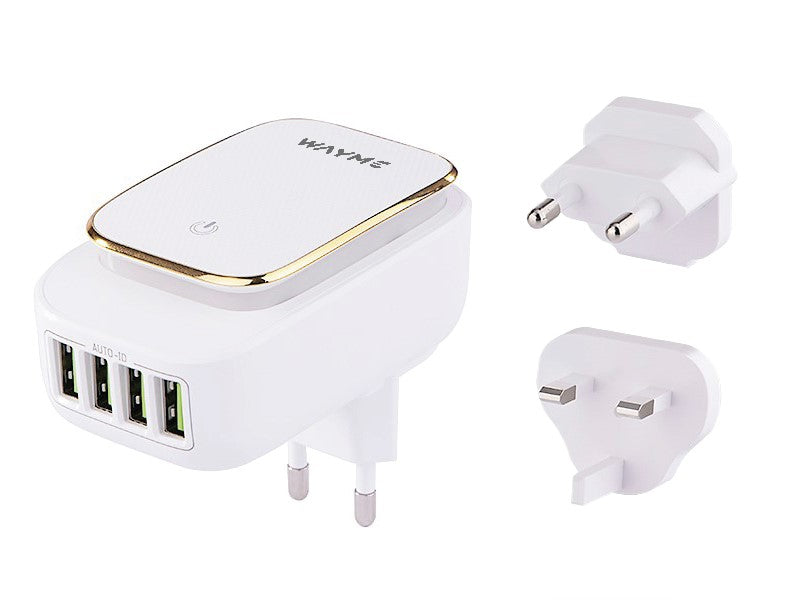 WAYME hálózati töltő 4x USB 4.4A, LED világítással + adapterek - csatlakozók EU, UK és USA aljzatokhoz