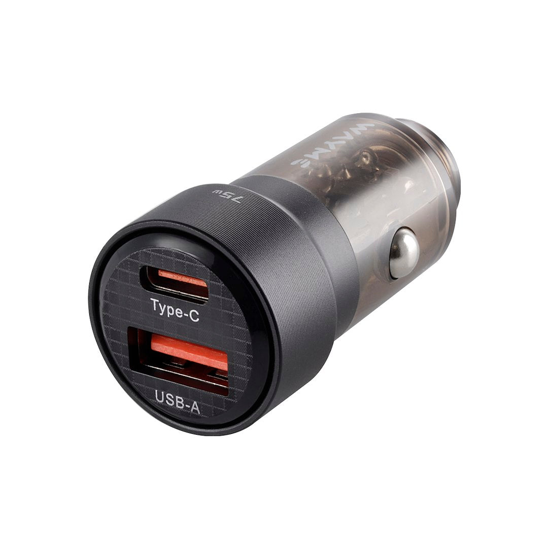 WAYME töltő 12/24V, USB 30W + USB-C PD 45W, fekete átlátszó