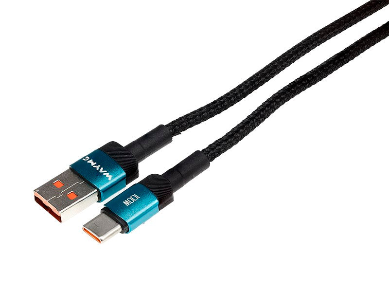 WAYME Mikroszálas fonott töltő- és szinkronizáló kábel, 100cm, USB > USB-C, max. 100W, türkizkék színű