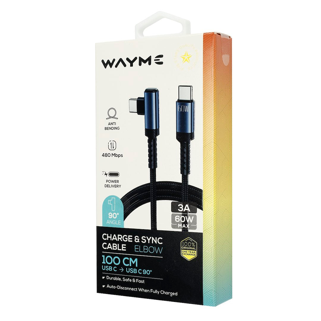 WAYME Mikroszálas fonott töltő  és szinkronizáló kábel 100 cm USB C > USB C 90° max 60W – kép 4