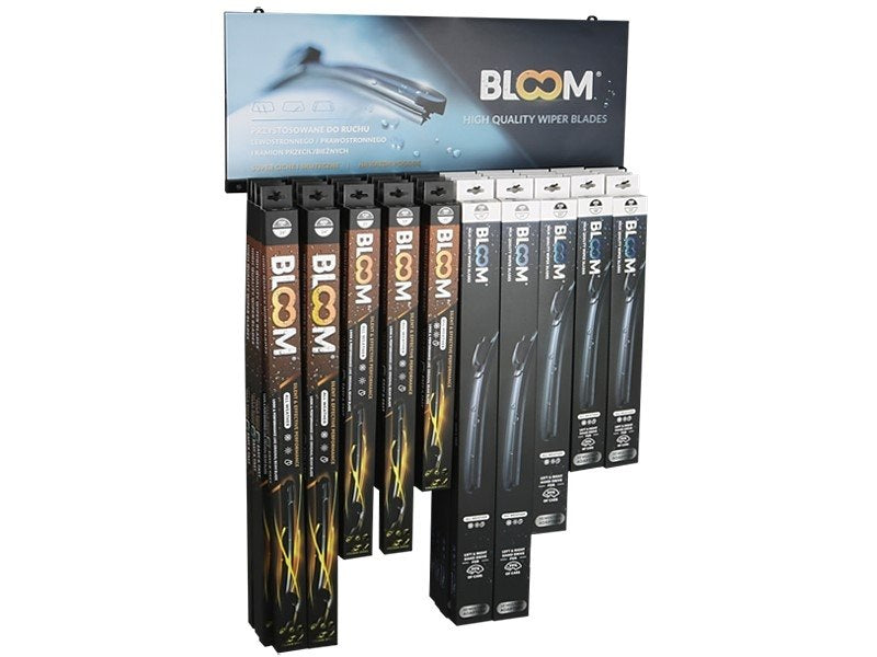 Lapos ablaktörlő lapátok készlete BLOOM U MIX U + Multifit 10 adapterrel, 40 db + felfüggesztett kijelző