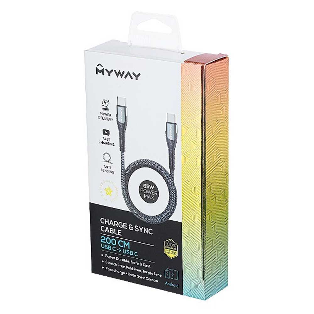 MYWAY gyorstöltő és szinkronizáló USB-C kábel, 200 cm-es hosszúsággal